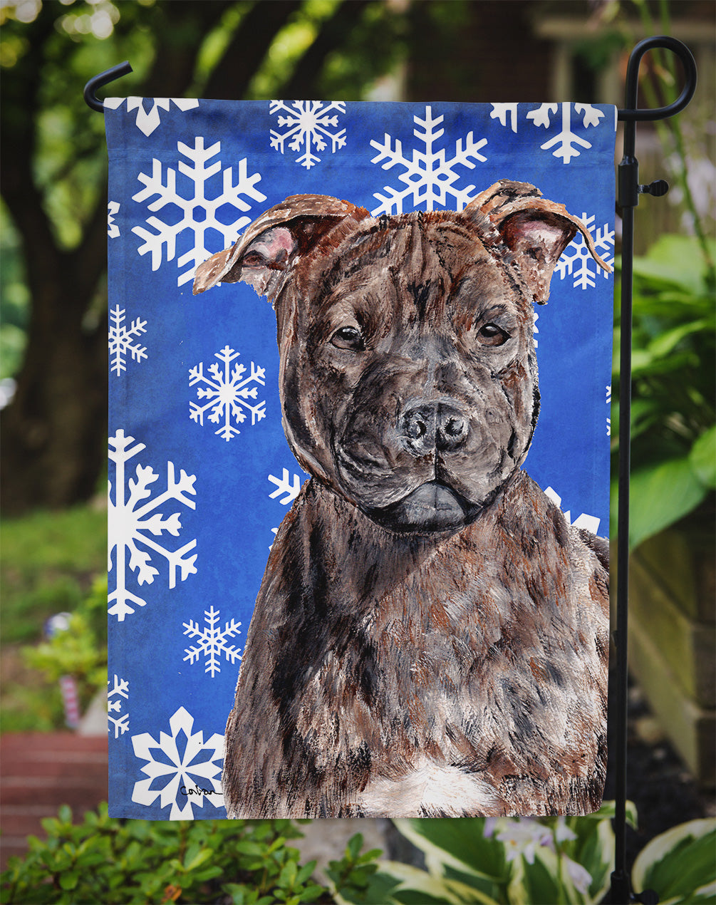 Staffordshire Bull Terrier Staffie Winter Snowflakes Garden Flag Mailbox Decorative Yard Banner Outside Patio Artwork for Flower Beds, Garden Size, Multicolor