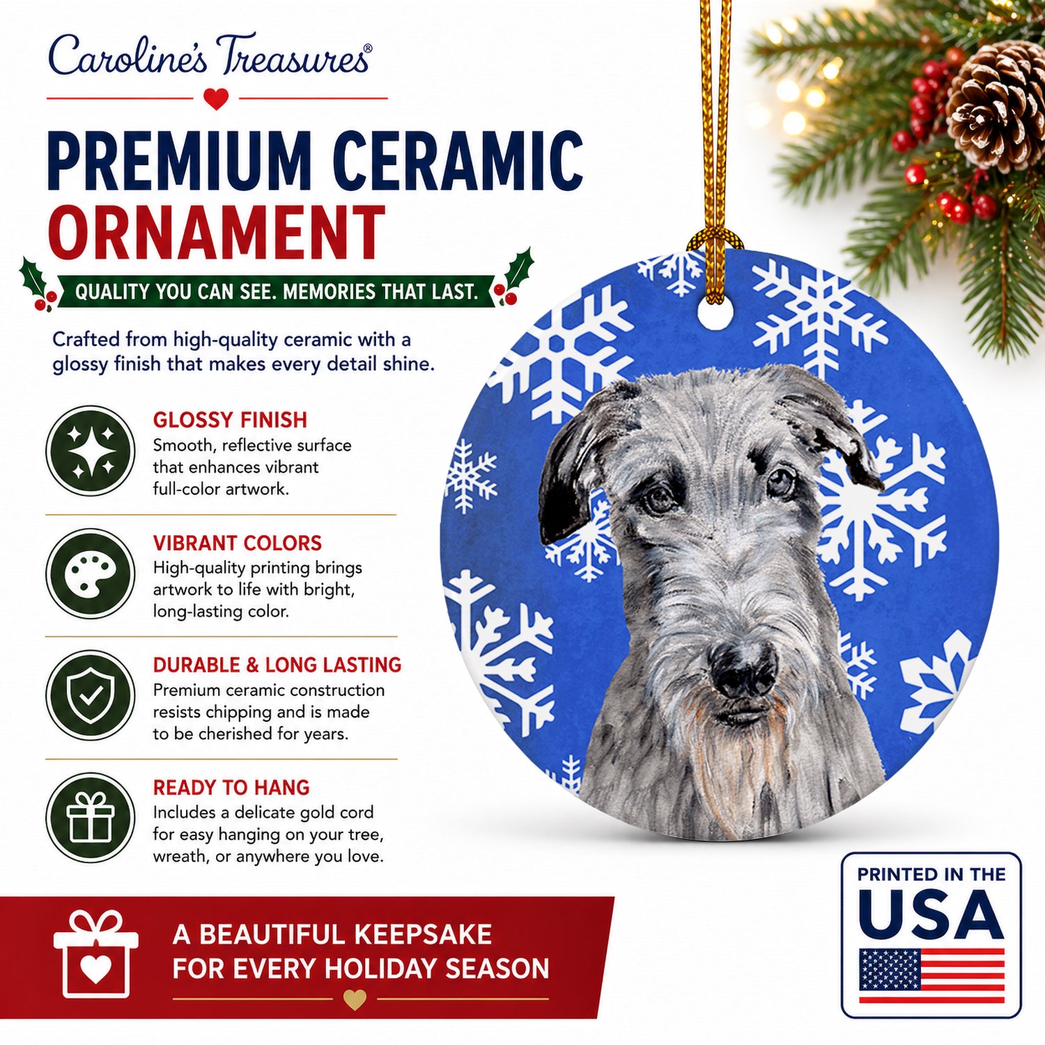 Scottish Deerhound Winter Snowflakes Ceramic Ornament Christmas Tree Hanging Decorations for Home Christmas Holiday, Party, Gift, 3 in, Multicolor