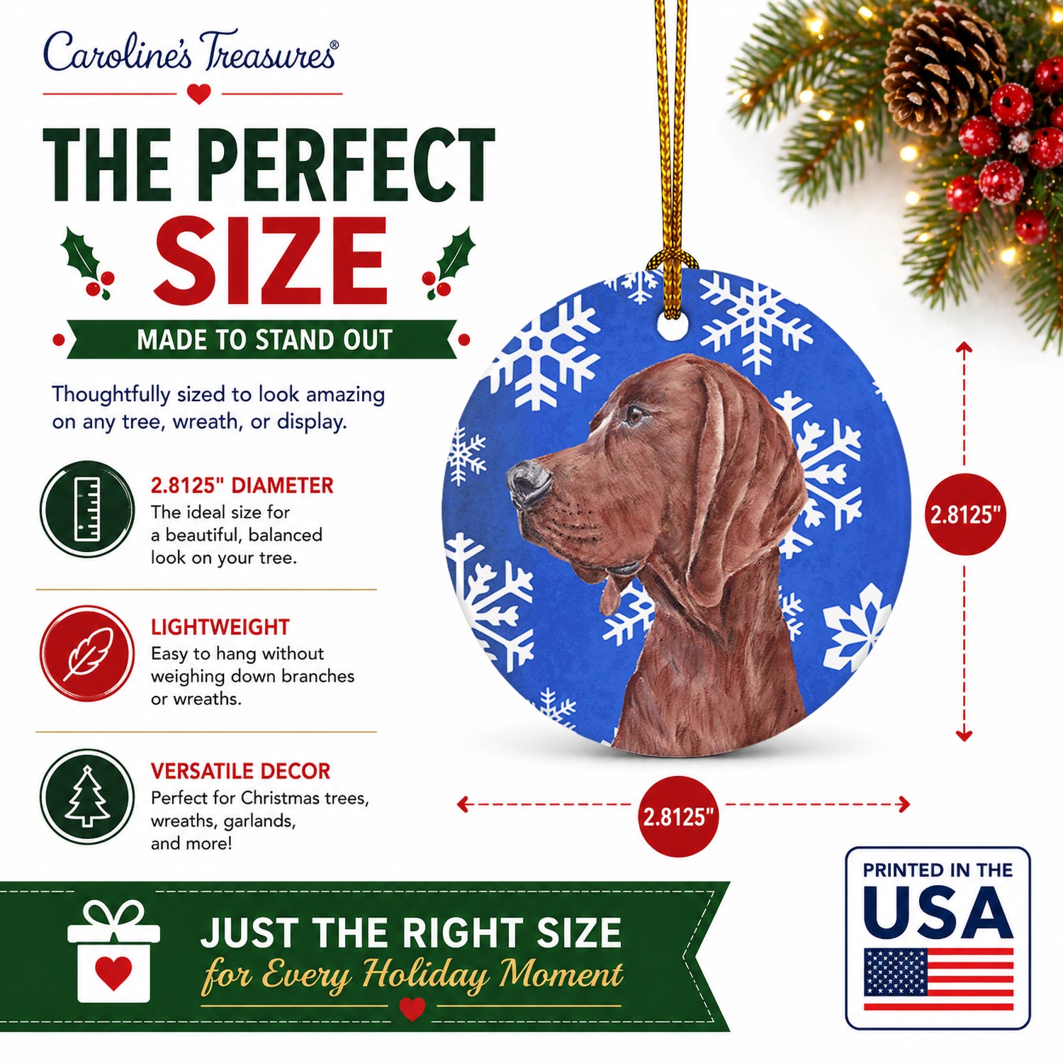 Redbone Coonhound Winter Snowflakes Ceramic Ornament Christmas Tree Hanging Decorations for Home Christmas Holiday, Party, Gift, 3 in, Multicolor