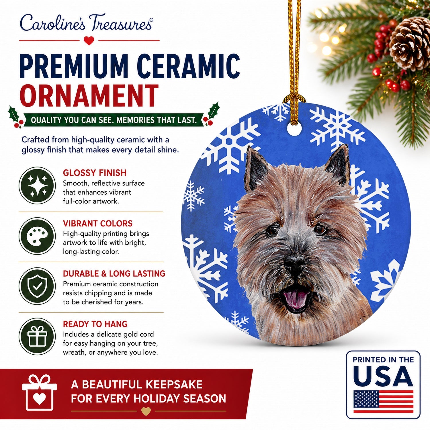 Norwich Terrier Winter Snowflakes Ceramic Ornament Christmas Tree Hanging Decorations for Home Christmas Holiday, Party, Gift, 3 in, Multicolor