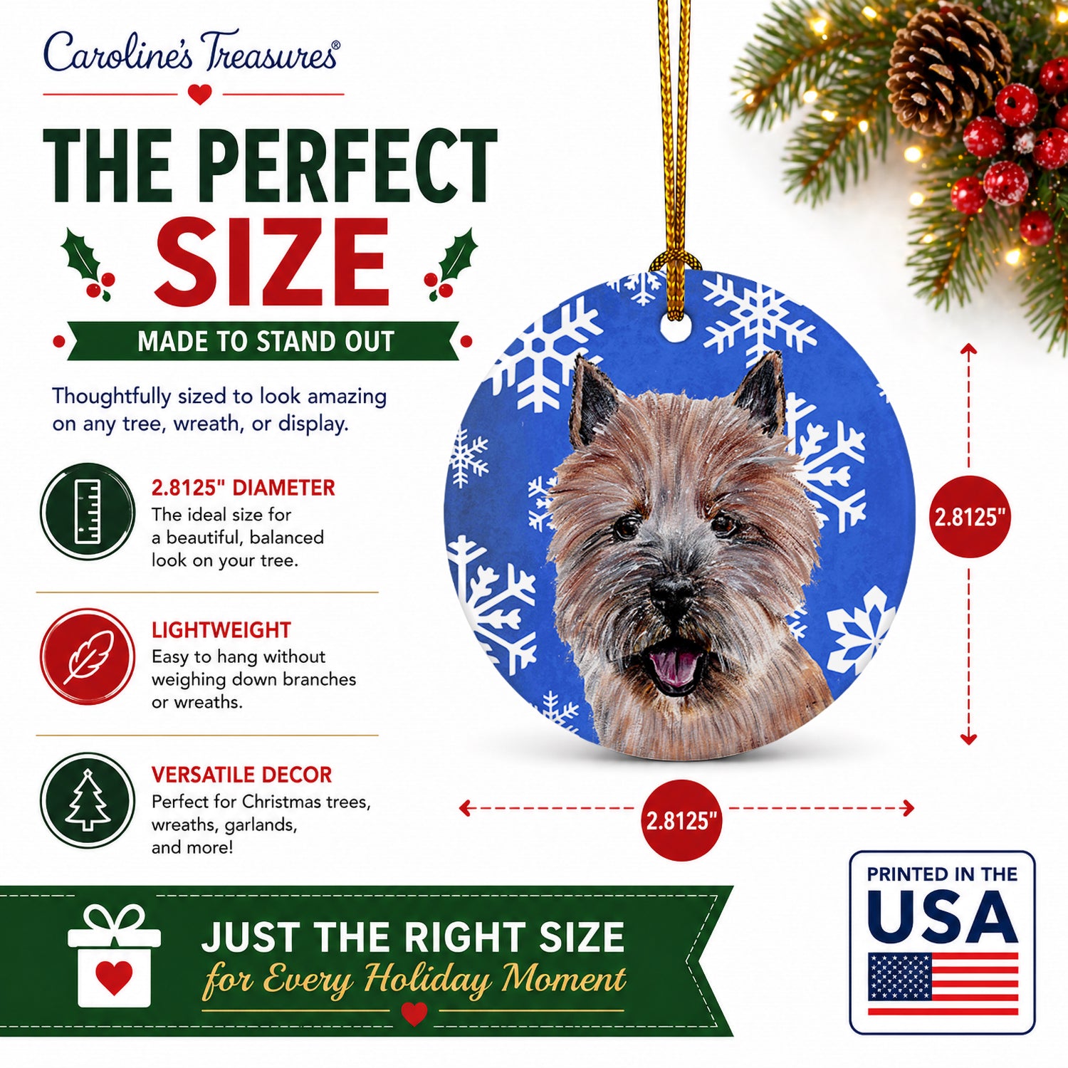 Norwich Terrier Winter Snowflakes Ceramic Ornament Christmas Tree Hanging Decorations for Home Christmas Holiday, Party, Gift, 3 in, Multicolor