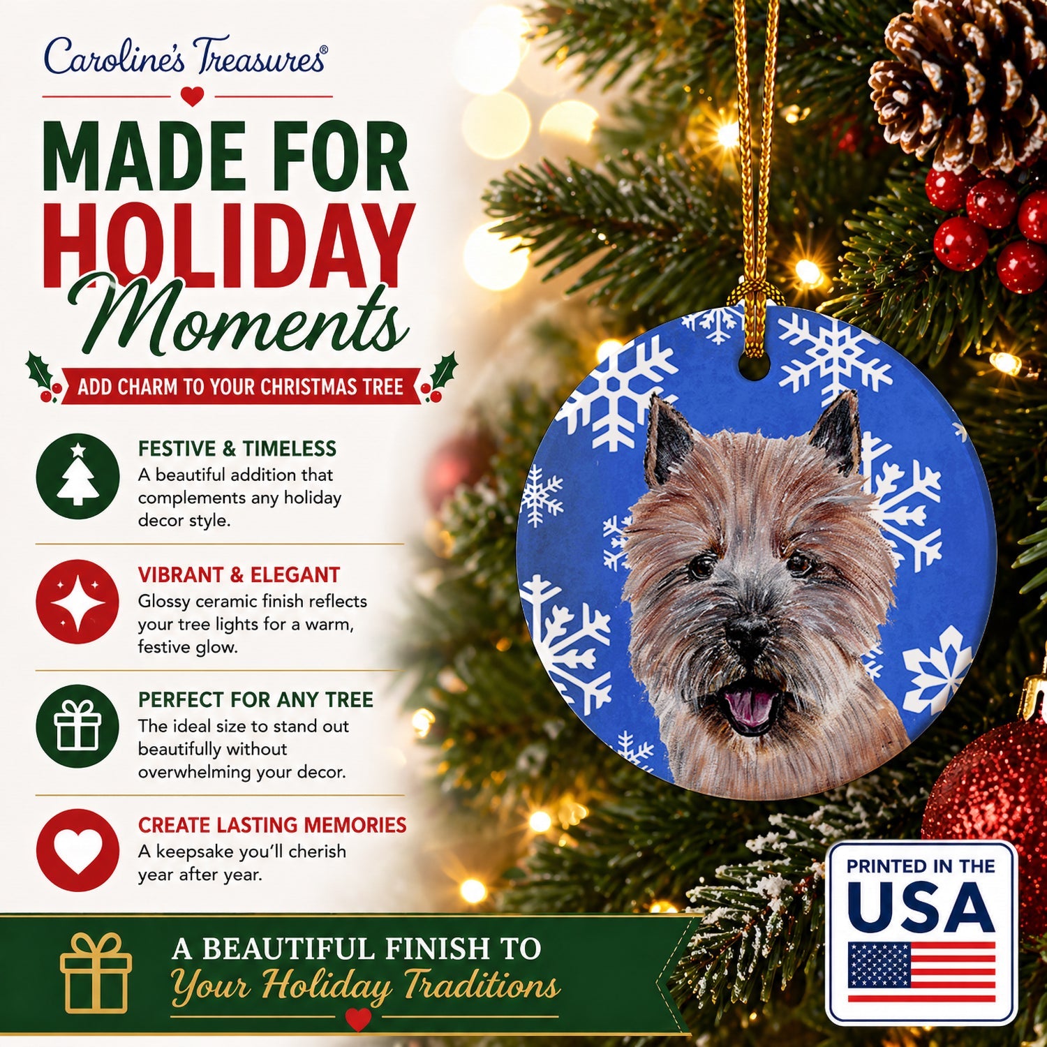Norwich Terrier Winter Snowflakes Ceramic Ornament Christmas Tree Hanging Decorations for Home Christmas Holiday, Party, Gift, 3 in, Multicolor