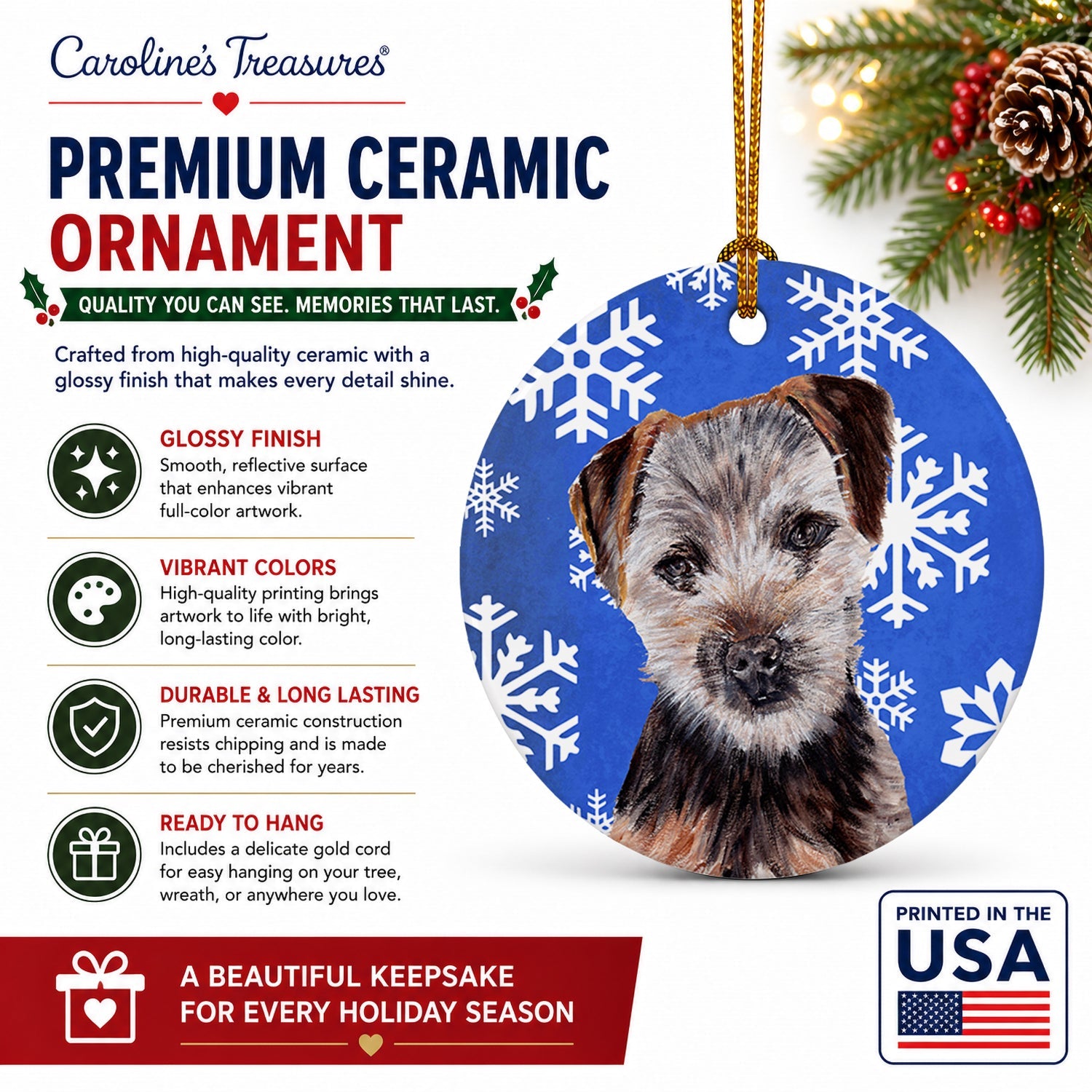 Norfolk Terrier Puppy Winter Snowflakes Ceramic Ornament Christmas Tree Hanging Decorations for Home Christmas Holiday, Party, Gift, 3 in, Multicolor