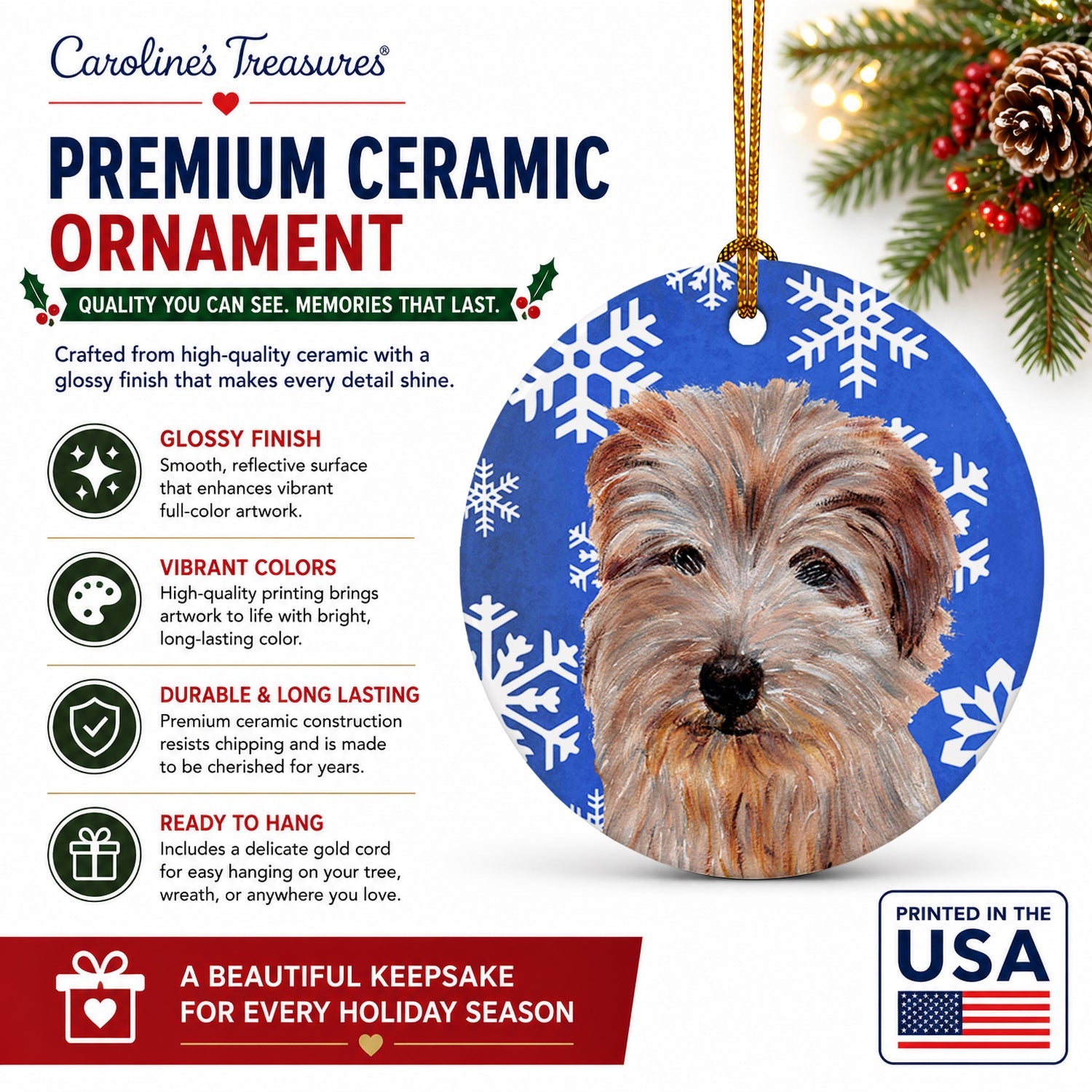 Norfolk Terrier Winter Snowflakes Ceramic Ornament Christmas Tree Hanging Decorations for Home Christmas Holiday, Party, Gift, 3 in, Multicolor