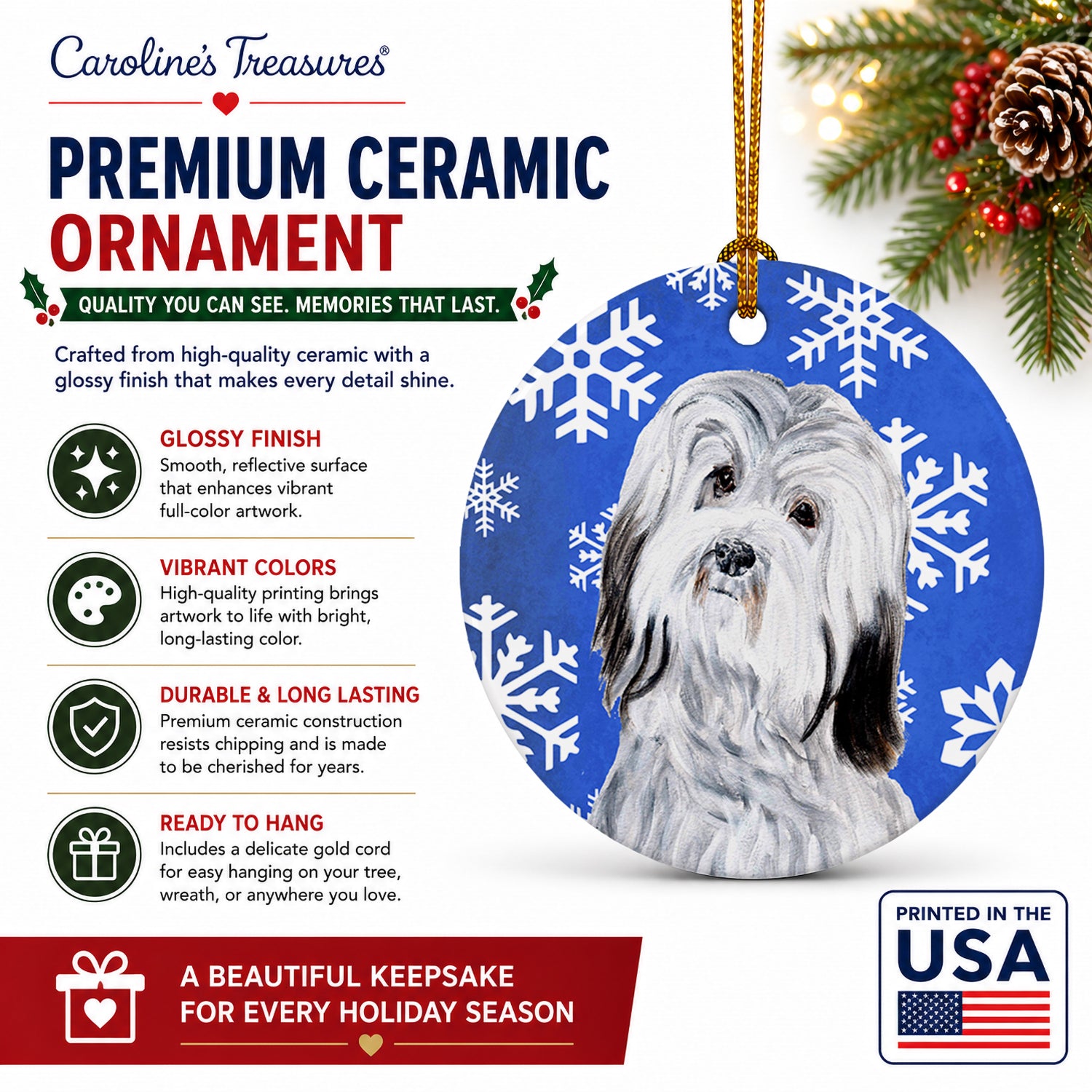 Havanese Winter Snowflakes Ceramic Ornament Christmas Tree Hanging Decorations for Home Christmas Holiday, Party, Gift, 3 in, Multicolor