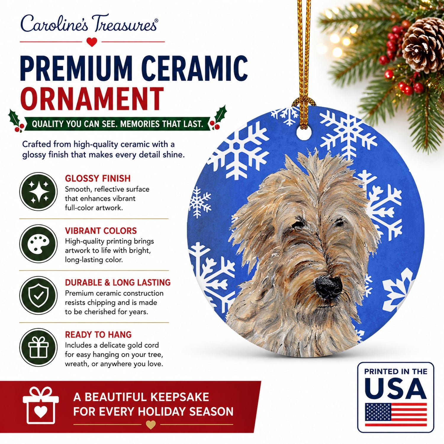 Golden Doodle 2 Winter Snowflakes Ceramic Ornament Christmas Tree Hanging Decorations for Home Christmas Holiday, Party, Gift, 3 in, Multicolor