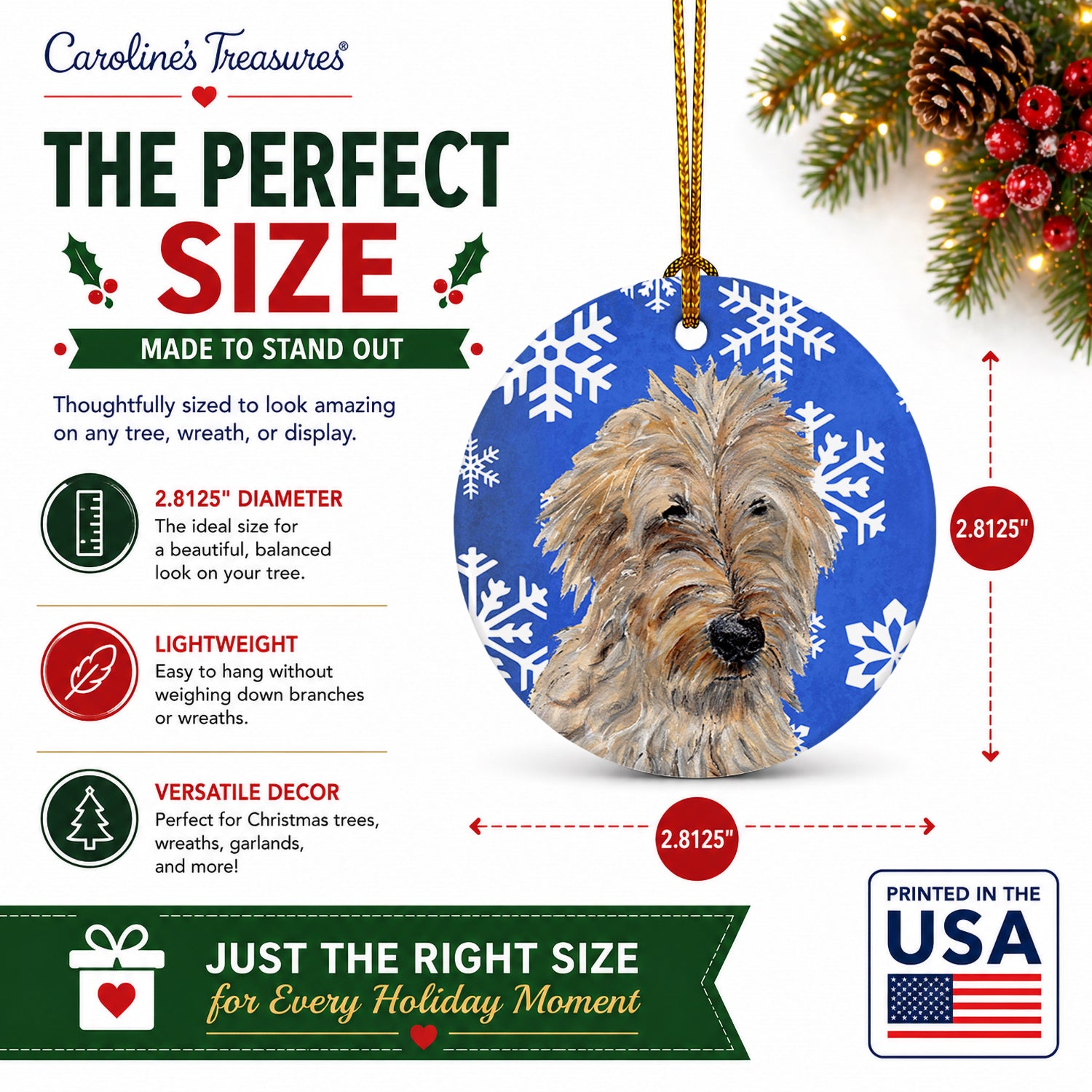 Golden Doodle 2 Winter Snowflakes Ceramic Ornament Christmas Tree Hanging Decorations for Home Christmas Holiday, Party, Gift, 3 in, Multicolor