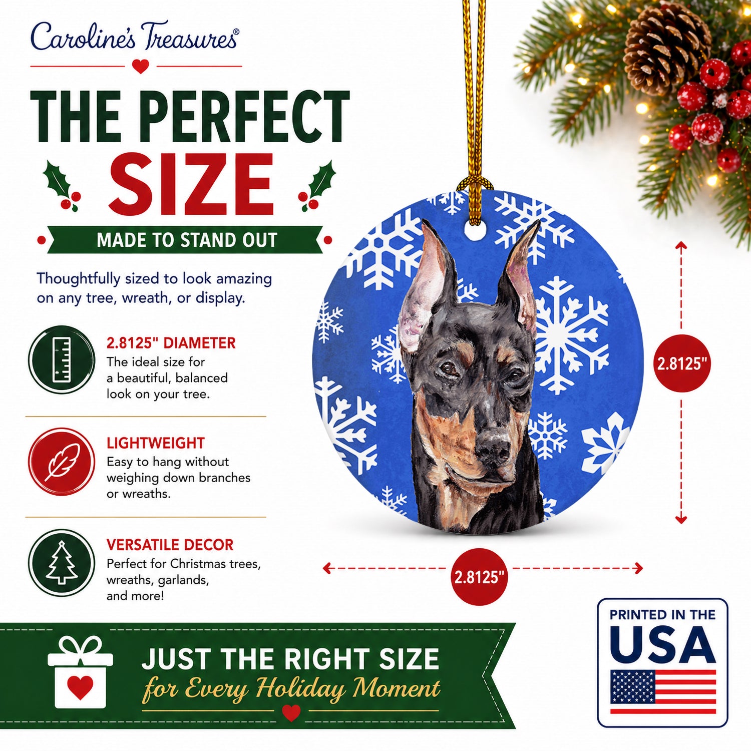 German Pinscher Winter Snowflakes Ceramic Ornament Christmas Tree Hanging Decorations for Home Christmas Holiday, Party, Gift, 3 in, Multicolor