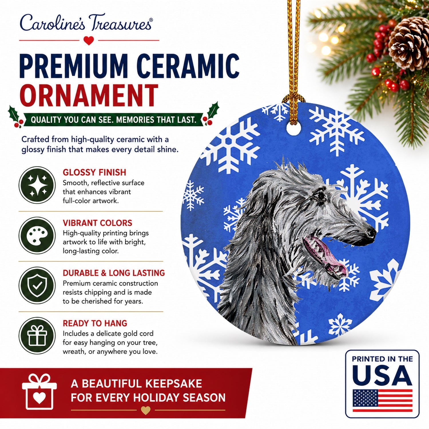 Scottish Deerhound Winter Snowflakes Ceramic Ornament Christmas Tree Hanging Decorations for Home Christmas Holiday, Party, Gift, 3 in, Multicolor
