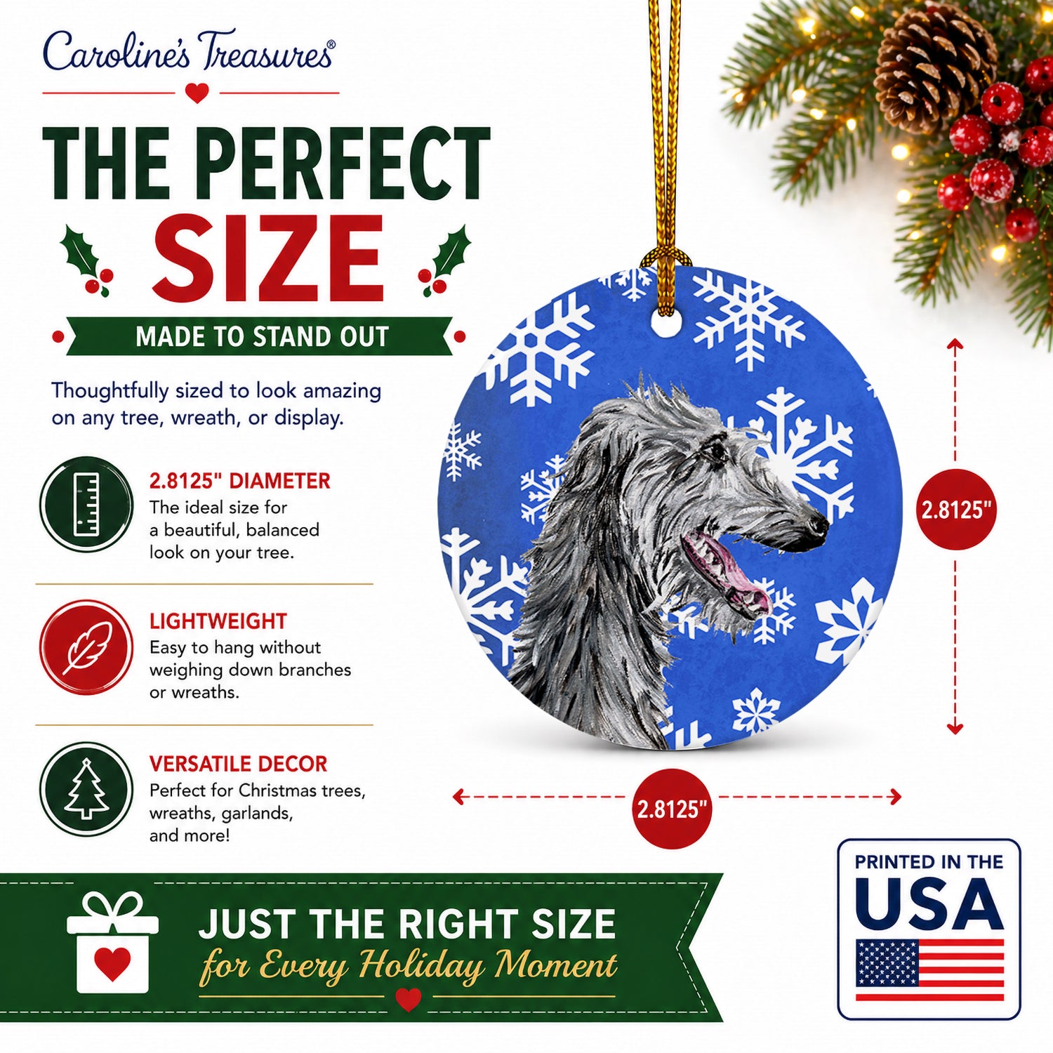 Scottish Deerhound Winter Snowflakes Ceramic Ornament Christmas Tree Hanging Decorations for Home Christmas Holiday, Party, Gift, 3 in, Multicolor