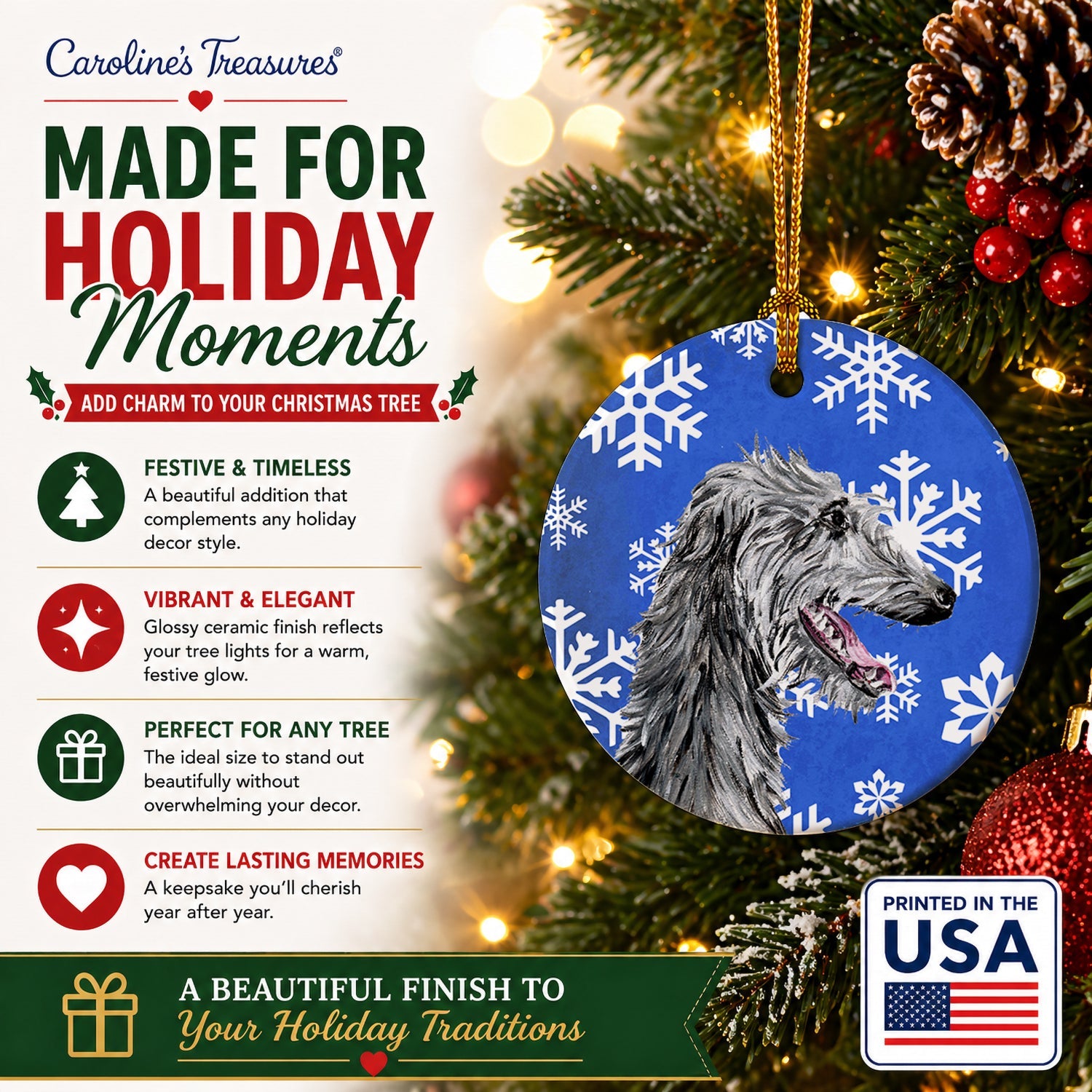 Scottish Deerhound Winter Snowflakes Ceramic Ornament Christmas Tree Hanging Decorations for Home Christmas Holiday, Party, Gift, 3 in, Multicolor