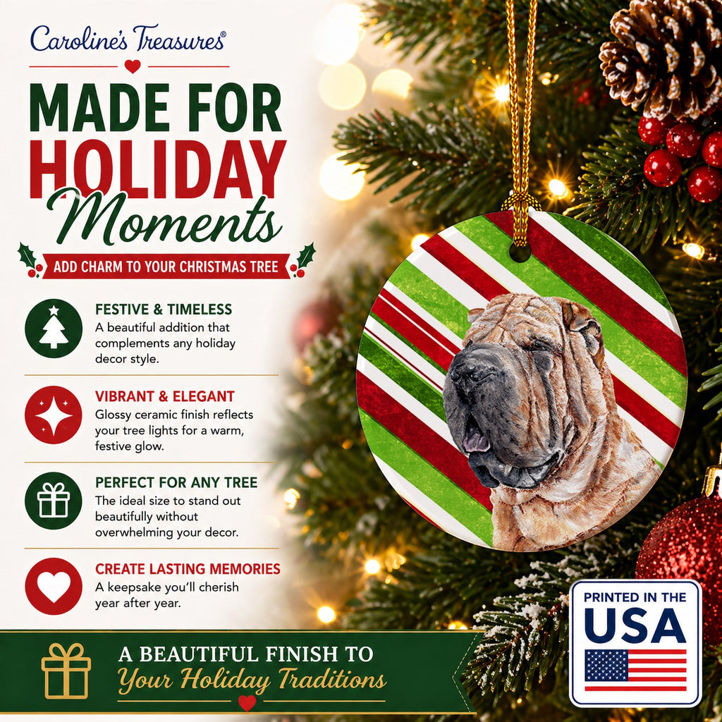 Shar Pei Candy Cane Christmas Ceramic Ornament Christmas Tree Hanging Decorations for Home Christmas Holiday, Party, Gift, 3 in, Multicolor
