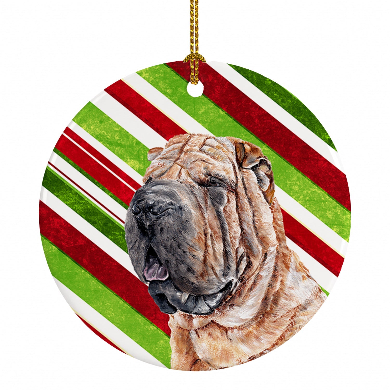 Shar Pei Candy Cane Christmas Ceramic Ornament Christmas Tree Hanging Decorations for Home Christmas Holiday, Party, Gift, 3 in, Multicolor