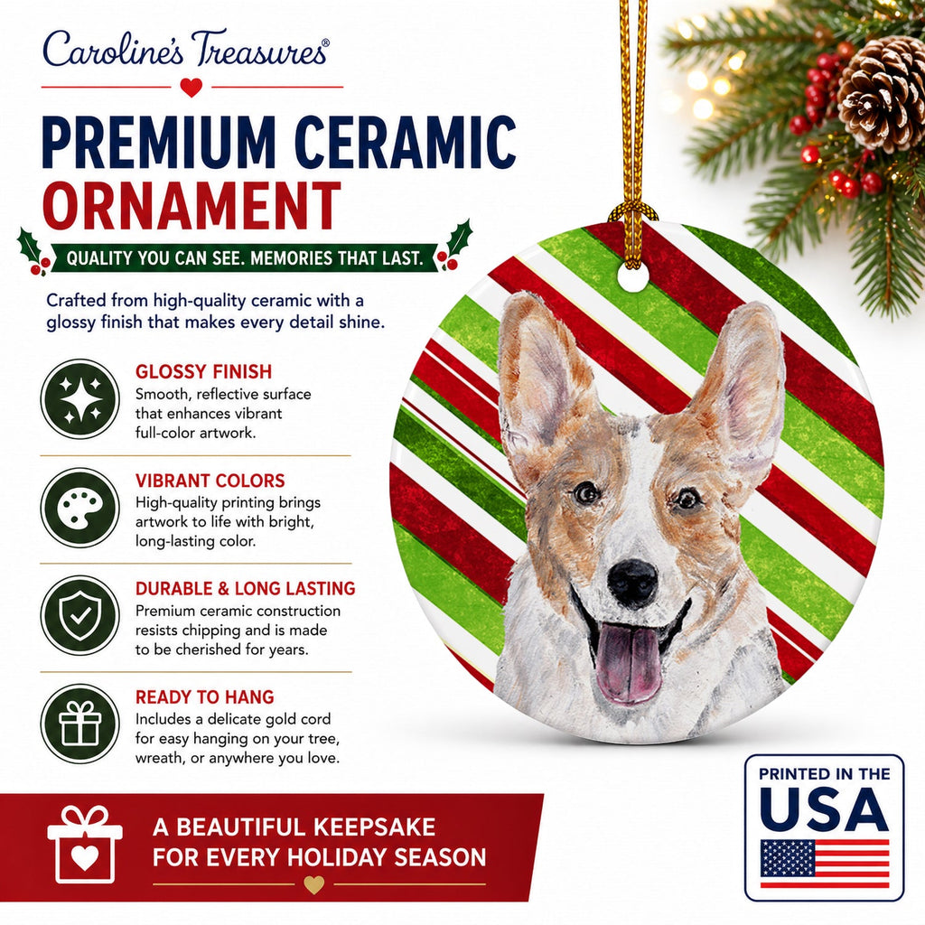 Cardigan Corgi Candy Cane Christmas Ceramic Ornament Christmas Tree Hanging Decorations for Home Christmas Holiday, Party, Gift, 3 in, Multicolor