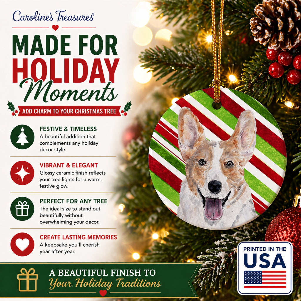 Cardigan Corgi Candy Cane Christmas Ceramic Ornament Christmas Tree Hanging Decorations for Home Christmas Holiday, Party, Gift, 3 in, Multicolor