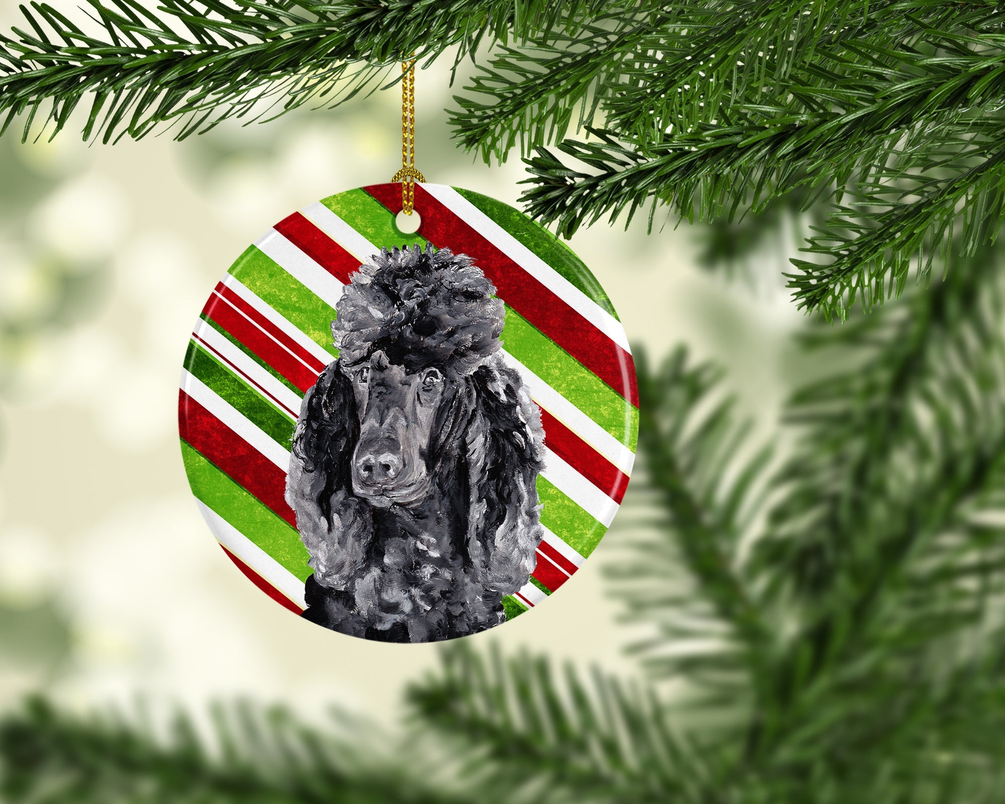 Black Standard Poodle Candy Cane Christmas Ceramic Ornament Christmas Tree Hanging Decorations for Home Christmas Holiday, Party, Gift, 3 in, Multicolor