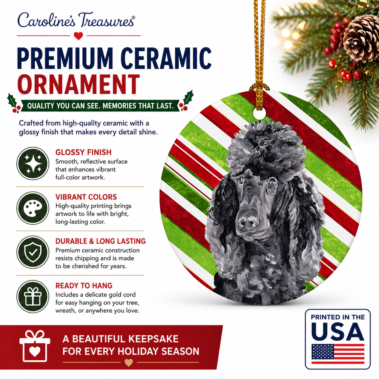 Black Standard Poodle Candy Cane Christmas Ceramic Ornament Christmas Tree Hanging Decorations for Home Christmas Holiday, Party, Gift, 3 in, Multicolor