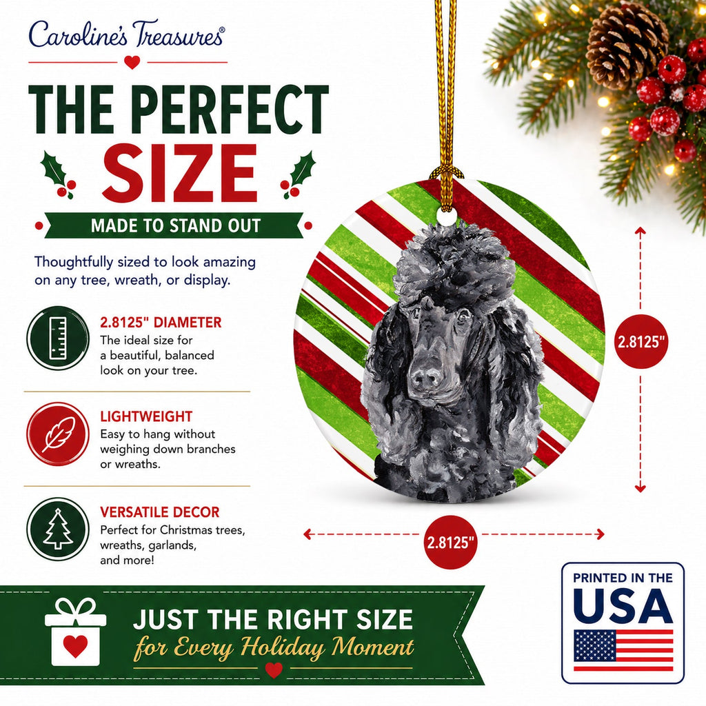 Black Standard Poodle Candy Cane Christmas Ceramic Ornament Christmas Tree Hanging Decorations for Home Christmas Holiday, Party, Gift, 3 in, Multicolor