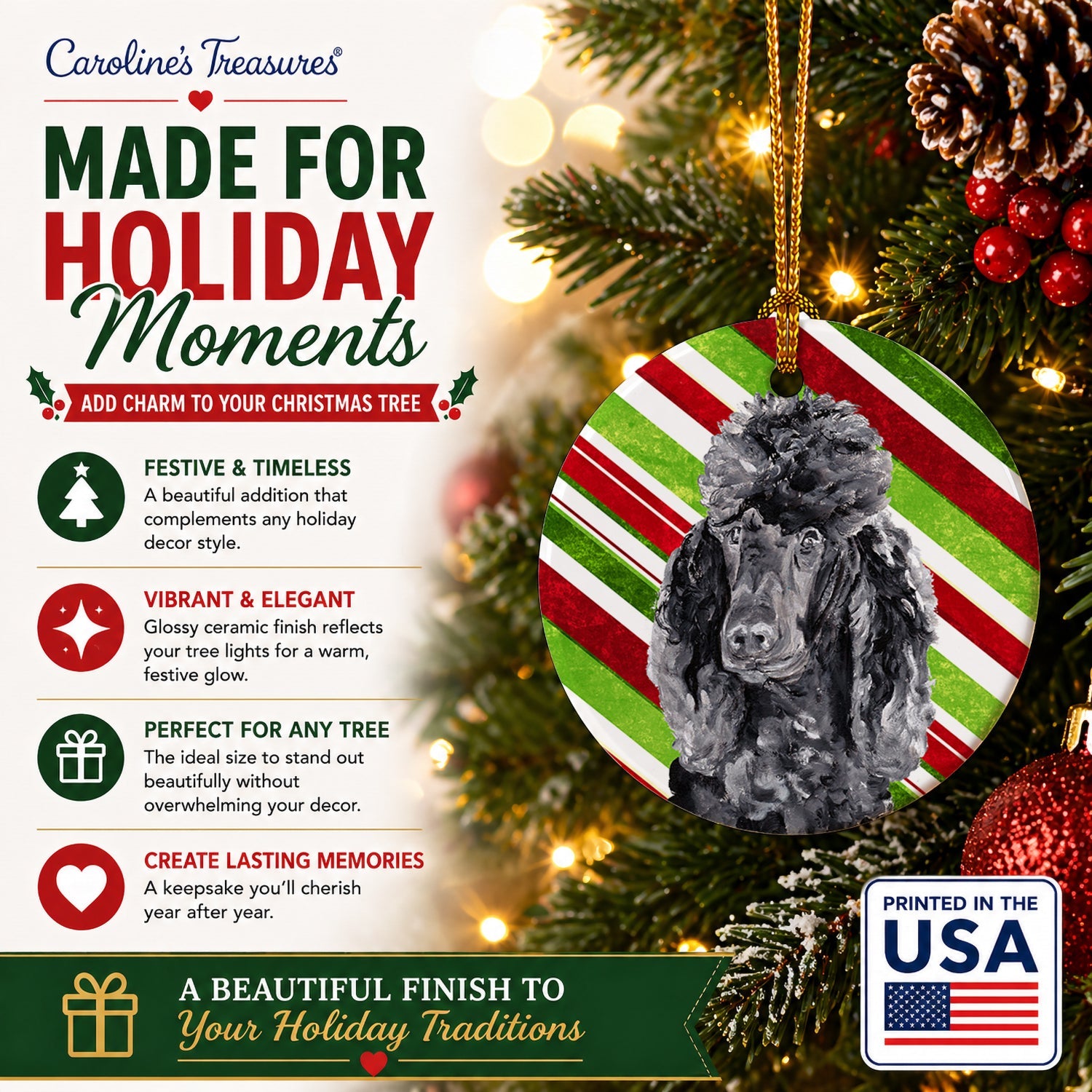 Black Standard Poodle Candy Cane Christmas Ceramic Ornament Christmas Tree Hanging Decorations for Home Christmas Holiday, Party, Gift, 3 in, Multicolor