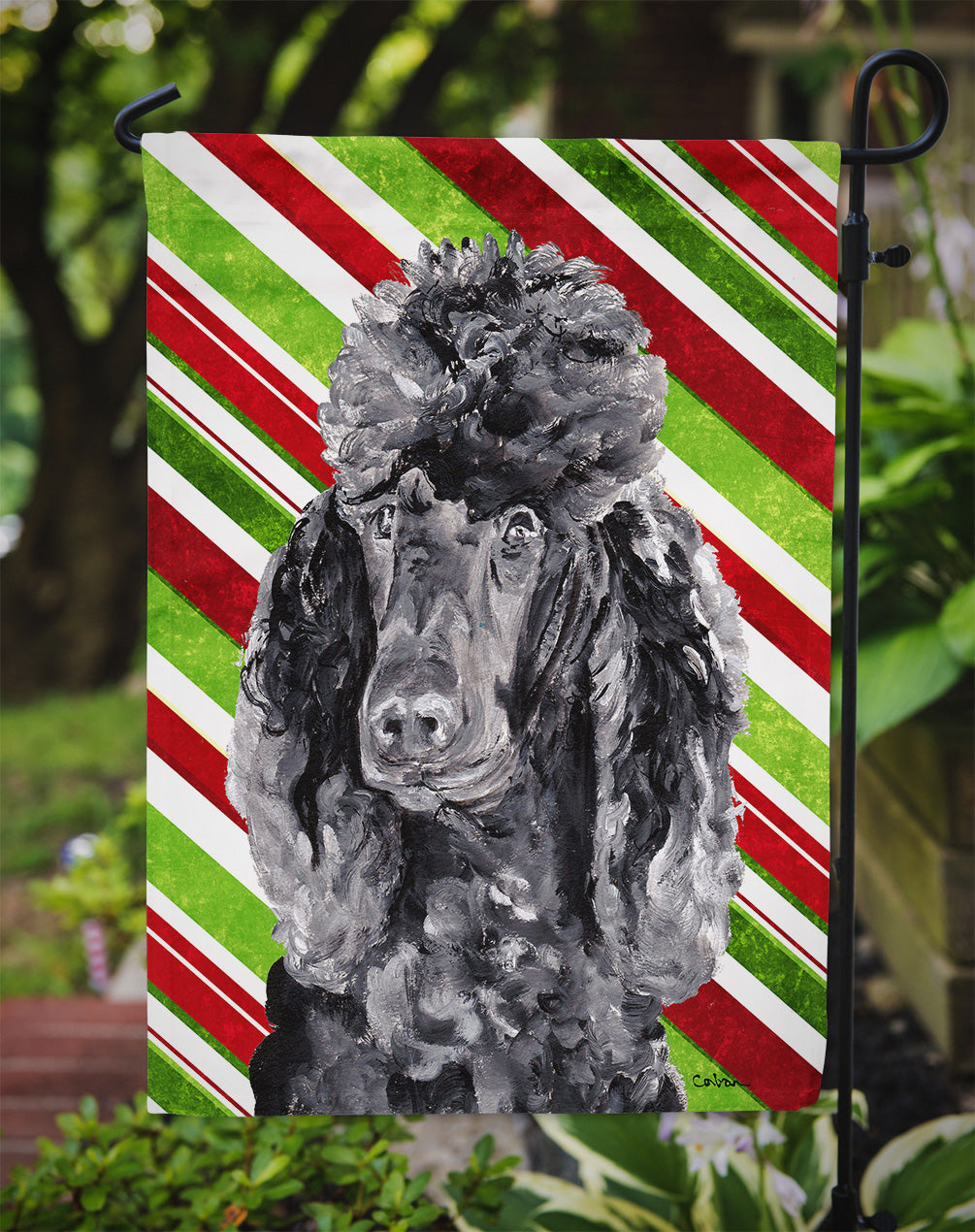 Black Standard Poodle Candy Cane Christmas Garden Flag Mailbox Decorative Yard Banner Outside Patio Artwork for Flower Beds, Garden Size, Multicolor
