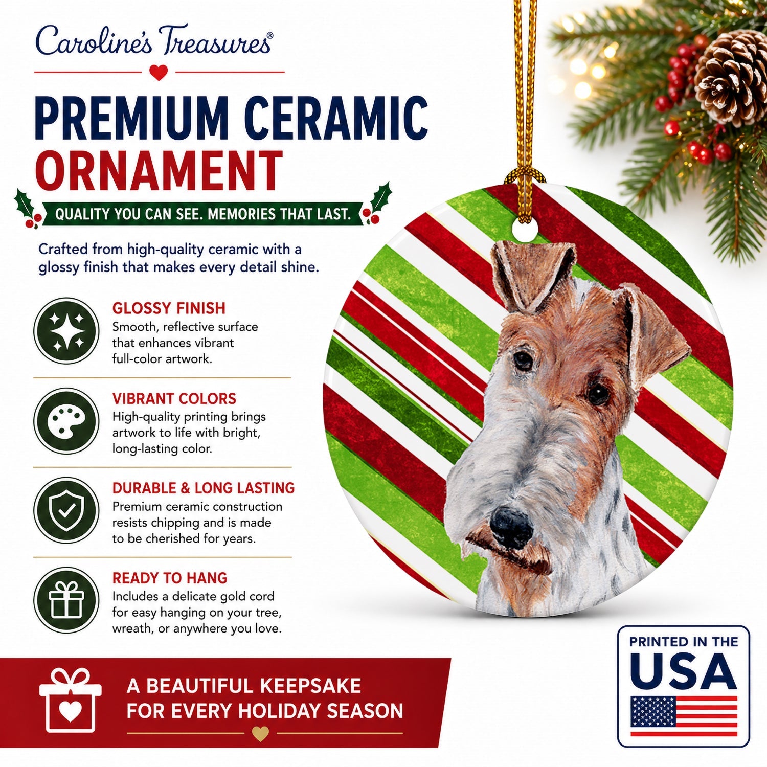 Wire Fox Terrier Candy Cane Christmas Ceramic Ornament Christmas Tree Hanging Decorations for Home Christmas Holiday, Party, Gift, 3 in, Multicolor