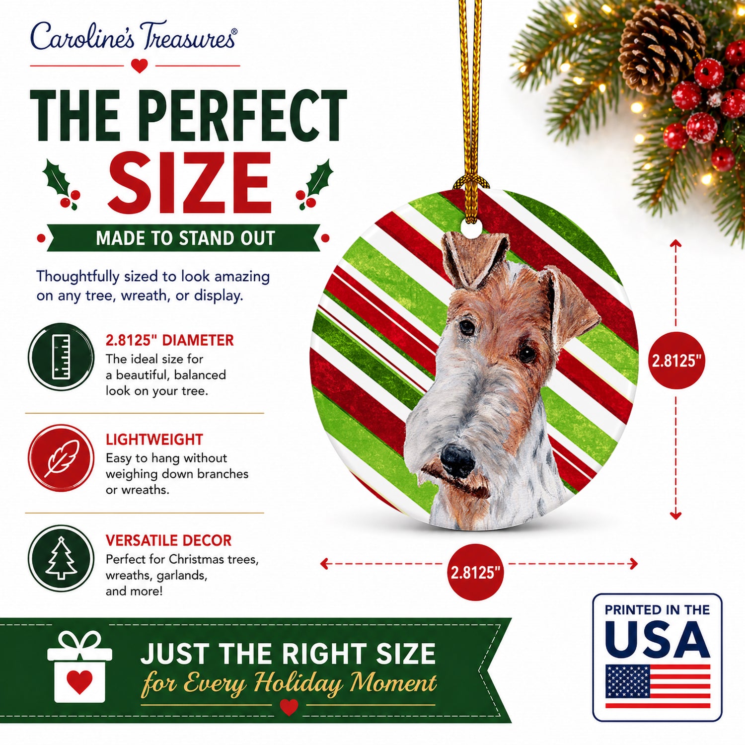 Wire Fox Terrier Candy Cane Christmas Ceramic Ornament Christmas Tree Hanging Decorations for Home Christmas Holiday, Party, Gift, 3 in, Multicolor