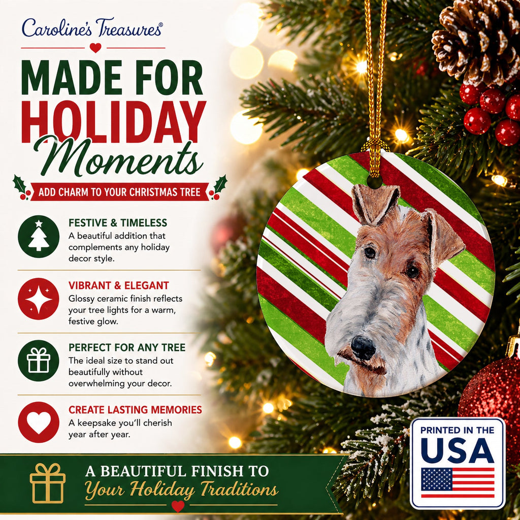 Wire Fox Terrier Candy Cane Christmas Ceramic Ornament Christmas Tree Hanging Decorations for Home Christmas Holiday, Party, Gift, 3 in, Multicolor
