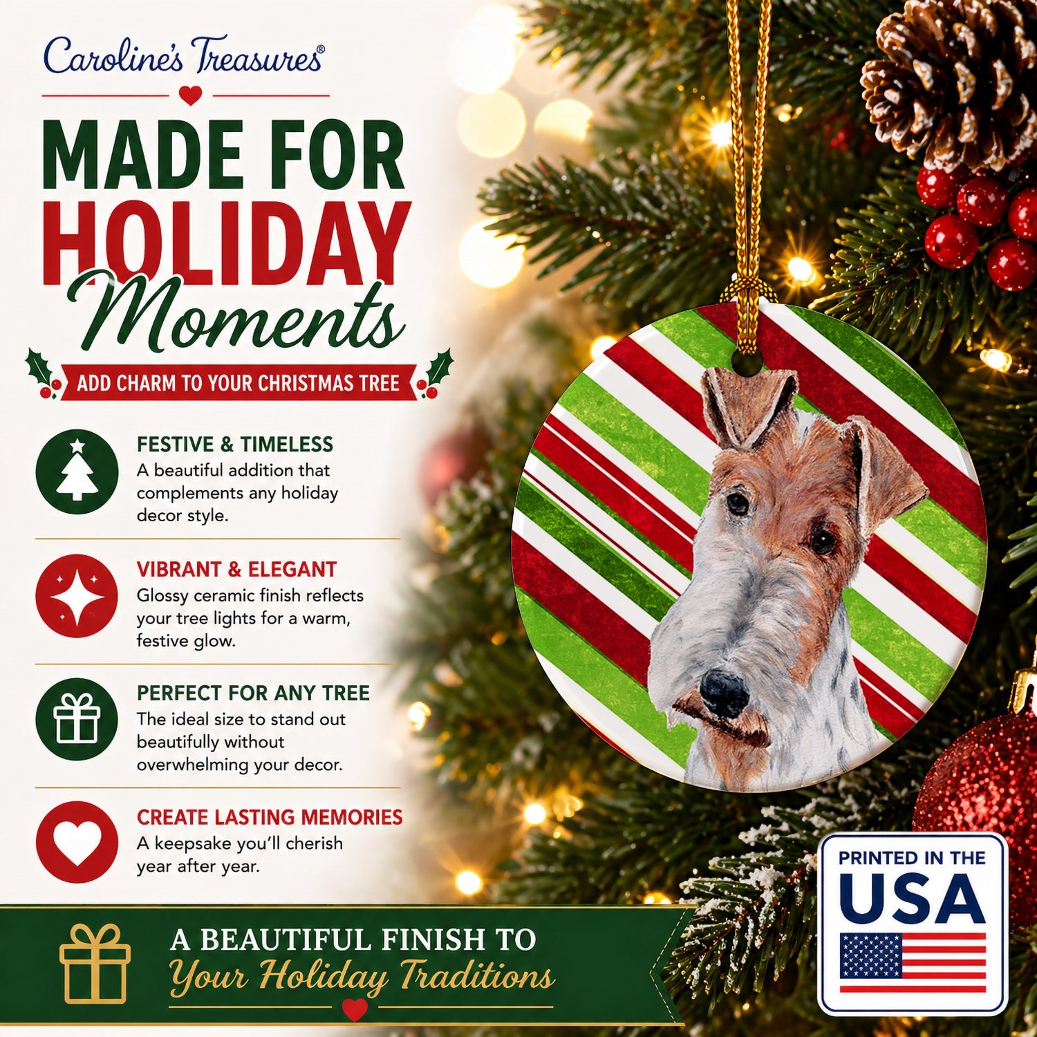 Wire Fox Terrier Candy Cane Christmas Ceramic Ornament Christmas Tree Hanging Decorations for Home Christmas Holiday, Party, Gift, 3 in, Multicolor