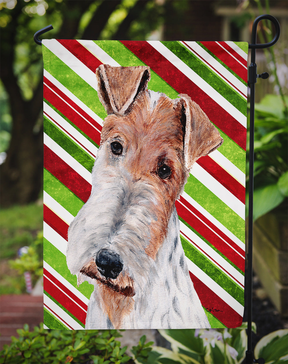 Wire Fox Terrier Candy Cane Christmas Garden Flag Mailbox Decorative Yard Banner Outside Patio Artwork for Flower Beds, Garden Size, Multicolor