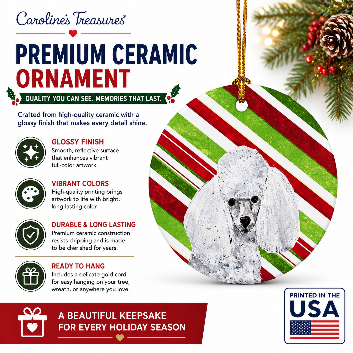 White Toy Poodle Candy Cane Christmas Ceramic Ornament Christmas Tree Hanging Decorations for Home Christmas Holiday, Party, Gift, 3 in, Multicolor