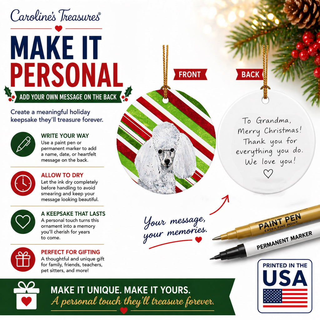 White Toy Poodle Candy Cane Christmas Ceramic Ornament Christmas Tree Hanging Decorations for Home Christmas Holiday, Party, Gift, 3 in, Multicolor