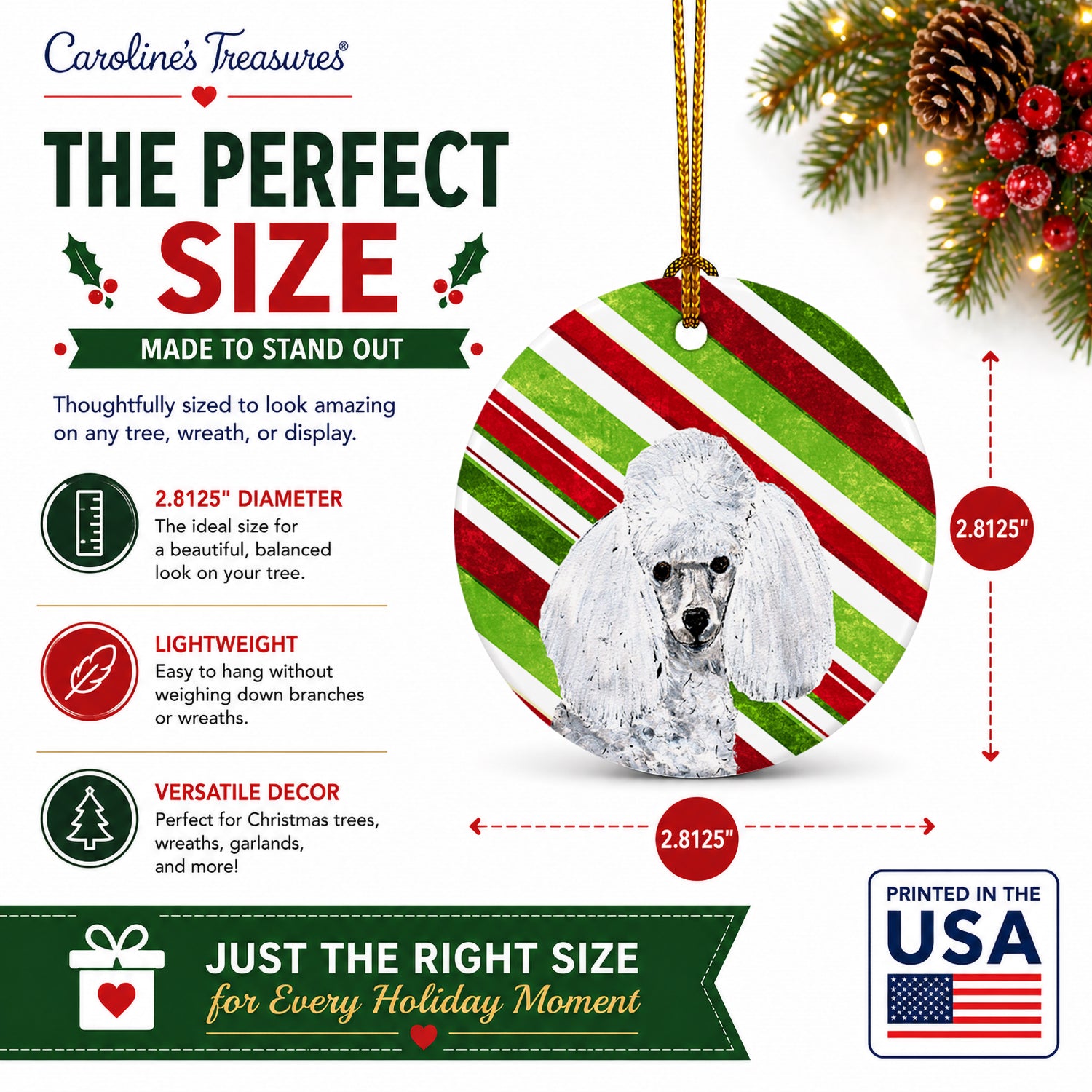 White Toy Poodle Candy Cane Christmas Ceramic Ornament Christmas Tree Hanging Decorations for Home Christmas Holiday, Party, Gift, 3 in, Multicolor