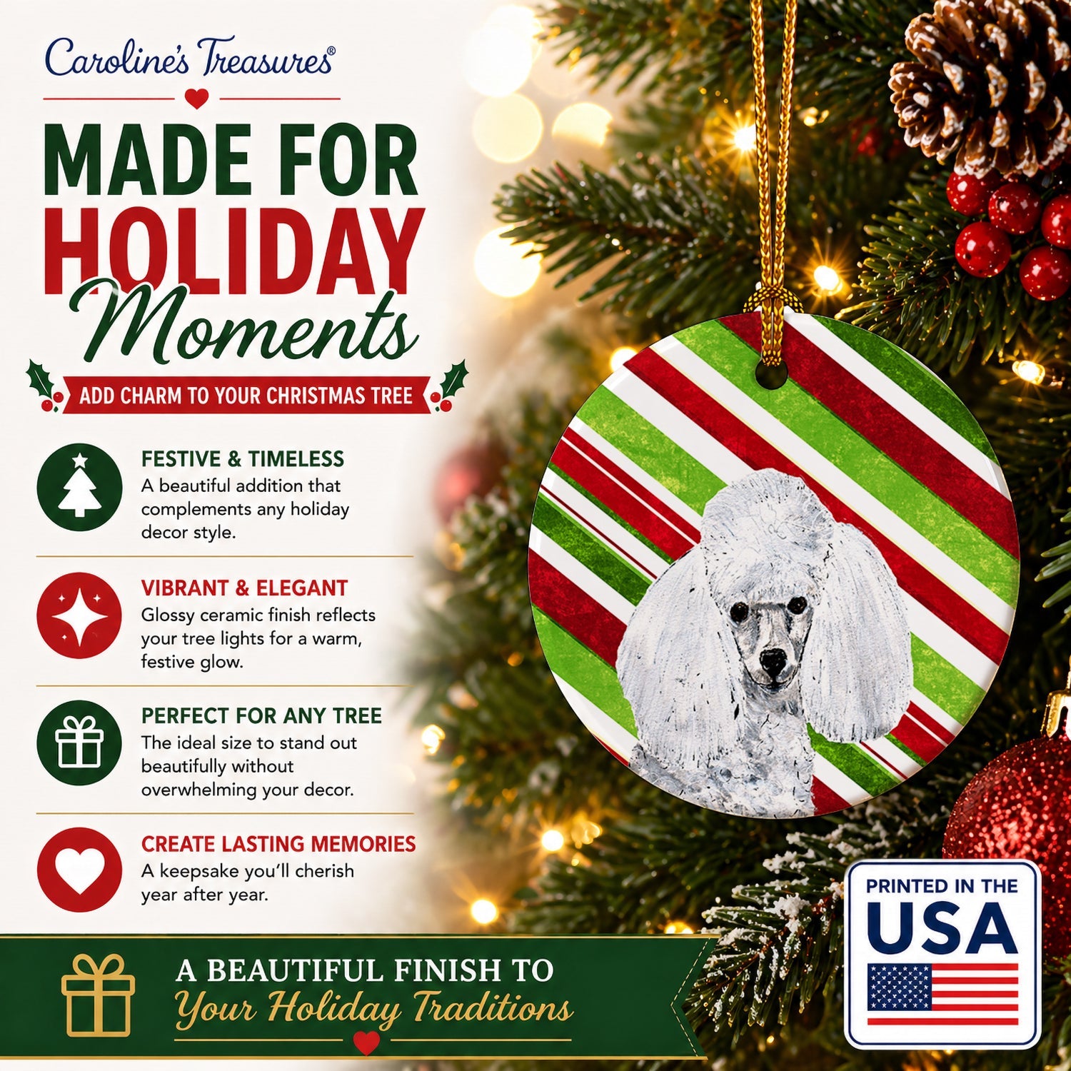 White Toy Poodle Candy Cane Christmas Ceramic Ornament Christmas Tree Hanging Decorations for Home Christmas Holiday, Party, Gift, 3 in, Multicolor