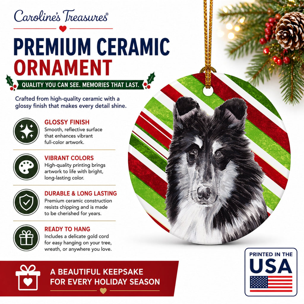 Black and White Collie Candy Cane Christmas Ceramic Ornament Christmas Tree Hanging Decorations for Home Christmas Holiday, Party, Gift, 3 in, Multicolor