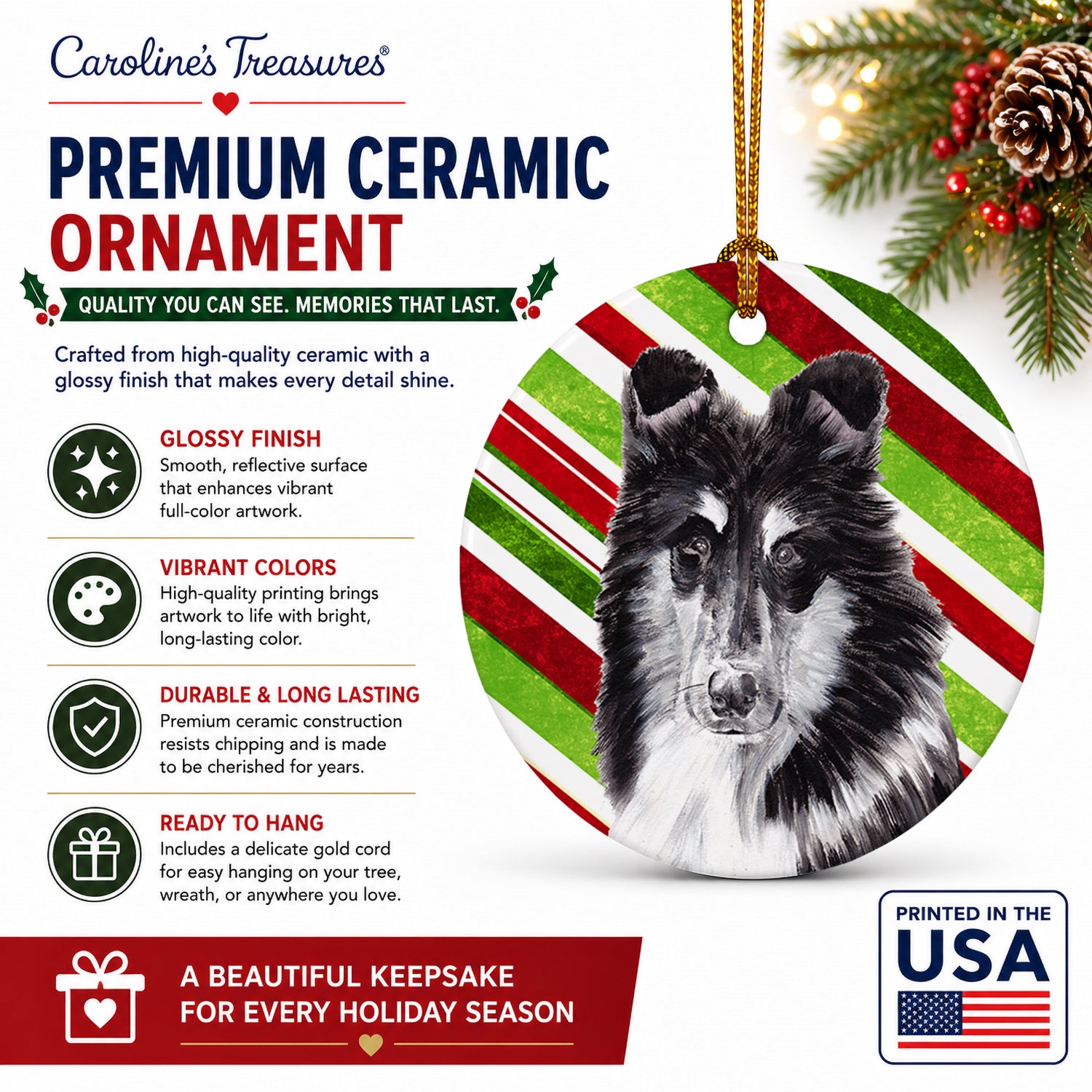 Black and White Collie Candy Cane Christmas Ceramic Ornament Christmas Tree Hanging Decorations for Home Christmas Holiday, Party, Gift, 3 in, Multicolor