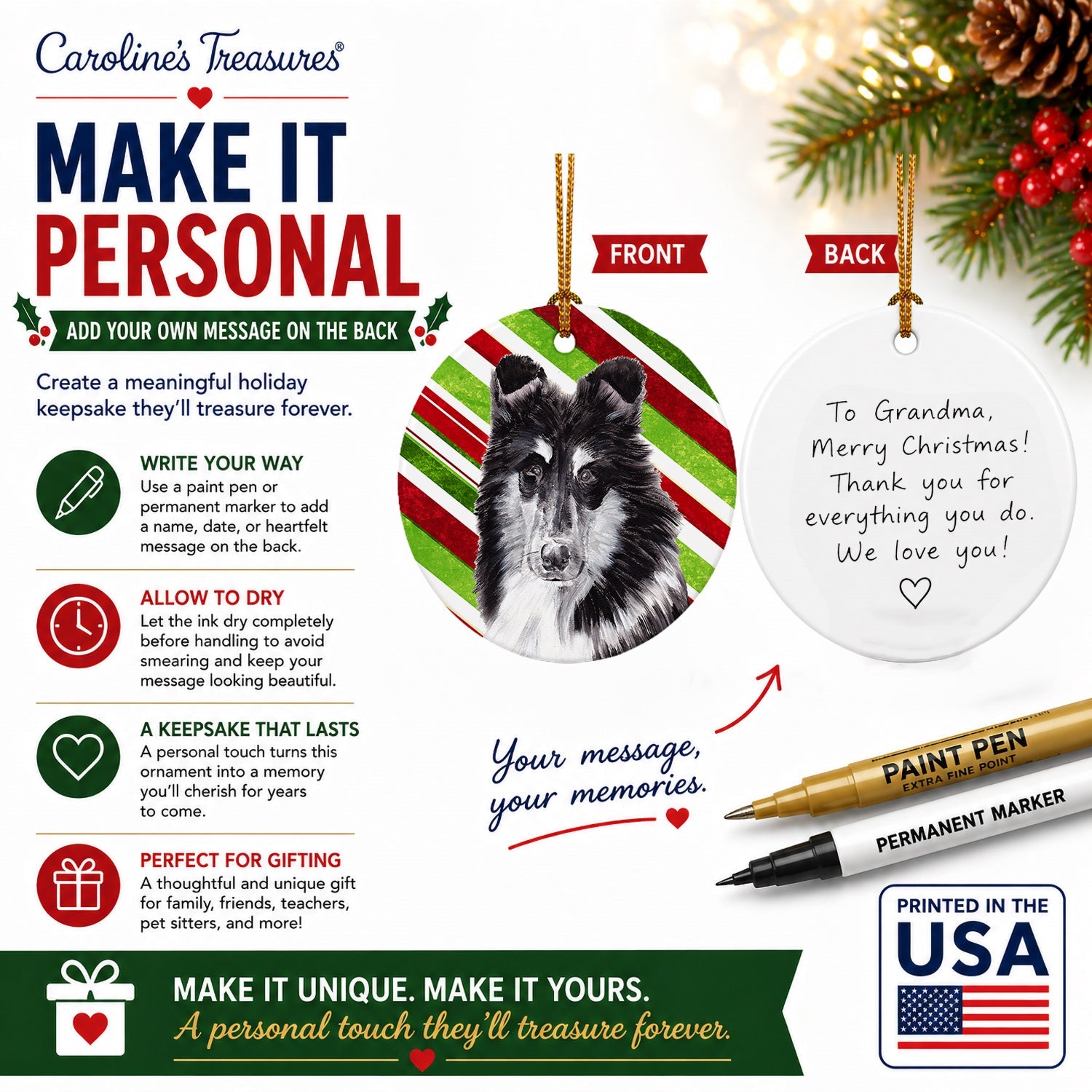 Black and White Collie Candy Cane Christmas Ceramic Ornament Christmas Tree Hanging Decorations for Home Christmas Holiday, Party, Gift, 3 in, Multicolor