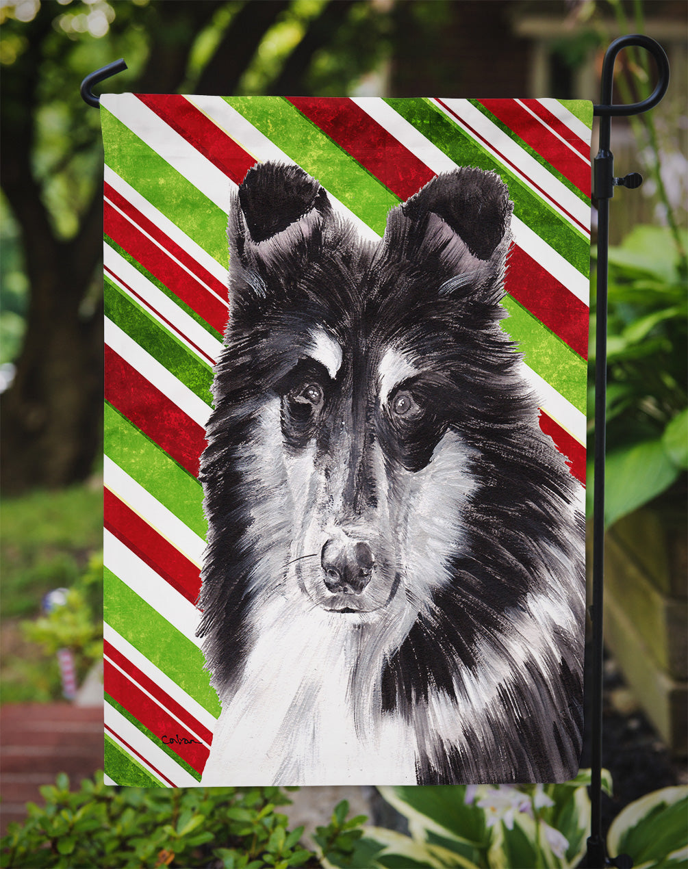 Black and White Collie Candy Cane Christmas Garden Flag Mailbox Decorative Yard Banner Outside Patio Artwork for Flower Beds, Garden Size, Multicolor