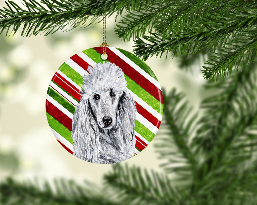 White Standard Poodle Candy Cane Christmas Ceramic Ornament Christmas Tree Hanging Decorations for Home Christmas Holiday, Party, Gift, 3 in, Multicolor
