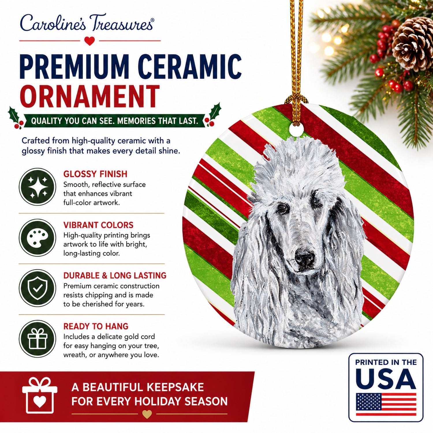 White Standard Poodle Candy Cane Christmas Ceramic Ornament Christmas Tree Hanging Decorations for Home Christmas Holiday, Party, Gift, 3 in, Multicolor