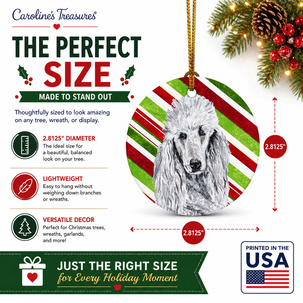 White Standard Poodle Candy Cane Christmas Ceramic Ornament Christmas Tree Hanging Decorations for Home Christmas Holiday, Party, Gift, 3 in, Multicolor