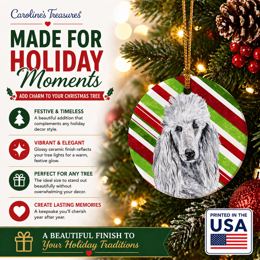 White Standard Poodle Candy Cane Christmas Ceramic Ornament Christmas Tree Hanging Decorations for Home Christmas Holiday, Party, Gift, 3 in, Multicolor