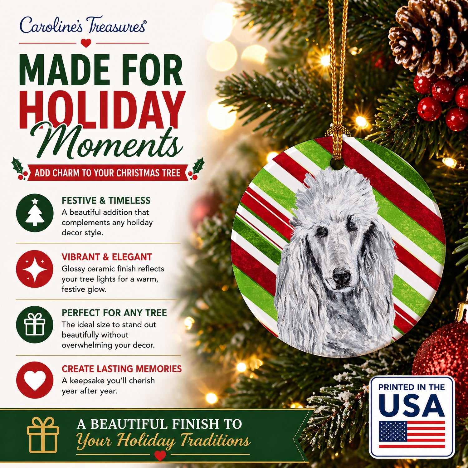 White Standard Poodle Candy Cane Christmas Ceramic Ornament Christmas Tree Hanging Decorations for Home Christmas Holiday, Party, Gift, 3 in, Multicolor