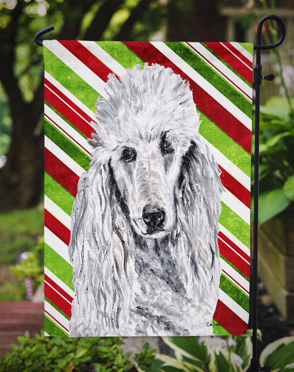 White Standard Poodle Candy Cane Christmas Garden Flag Mailbox Decorative Yard Banner Outside Patio Artwork for Flower Beds, Garden Size, Multicolor