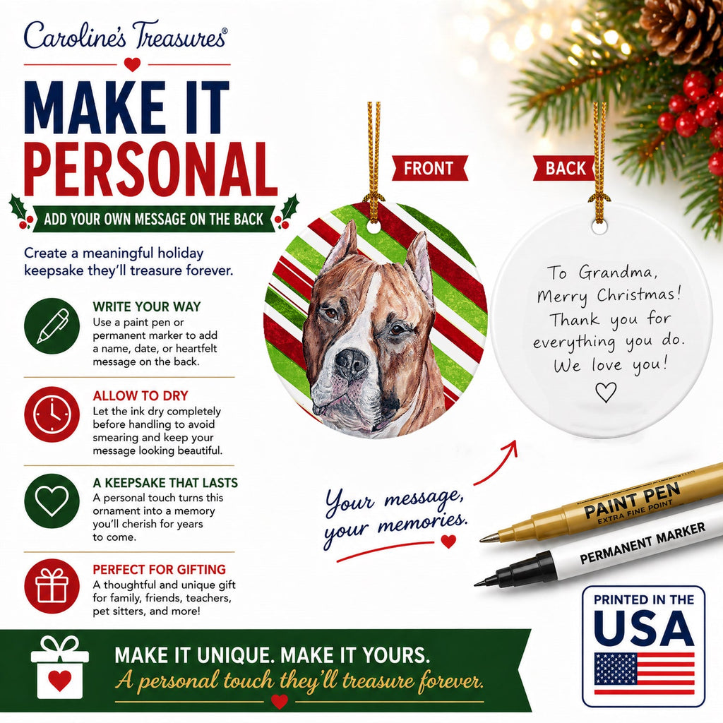 Staffordshire Bull Terrier Staffie Candy Cane Christmas Ceramic Ornament Christmas Tree Hanging Decorations for Home Christmas Holiday, Party, Gift, 3 in, Multicolor