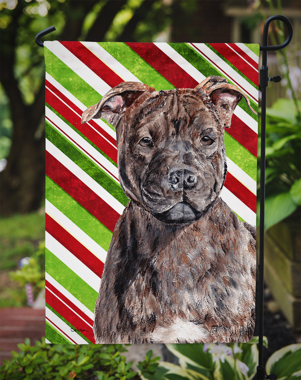 Staffordshire Bull Terrier Staffie Candy Cane Christmas Garden Flag Mailbox Decorative Yard Banner Outside Patio Artwork for Flower Beds, Garden Size, Multicolor