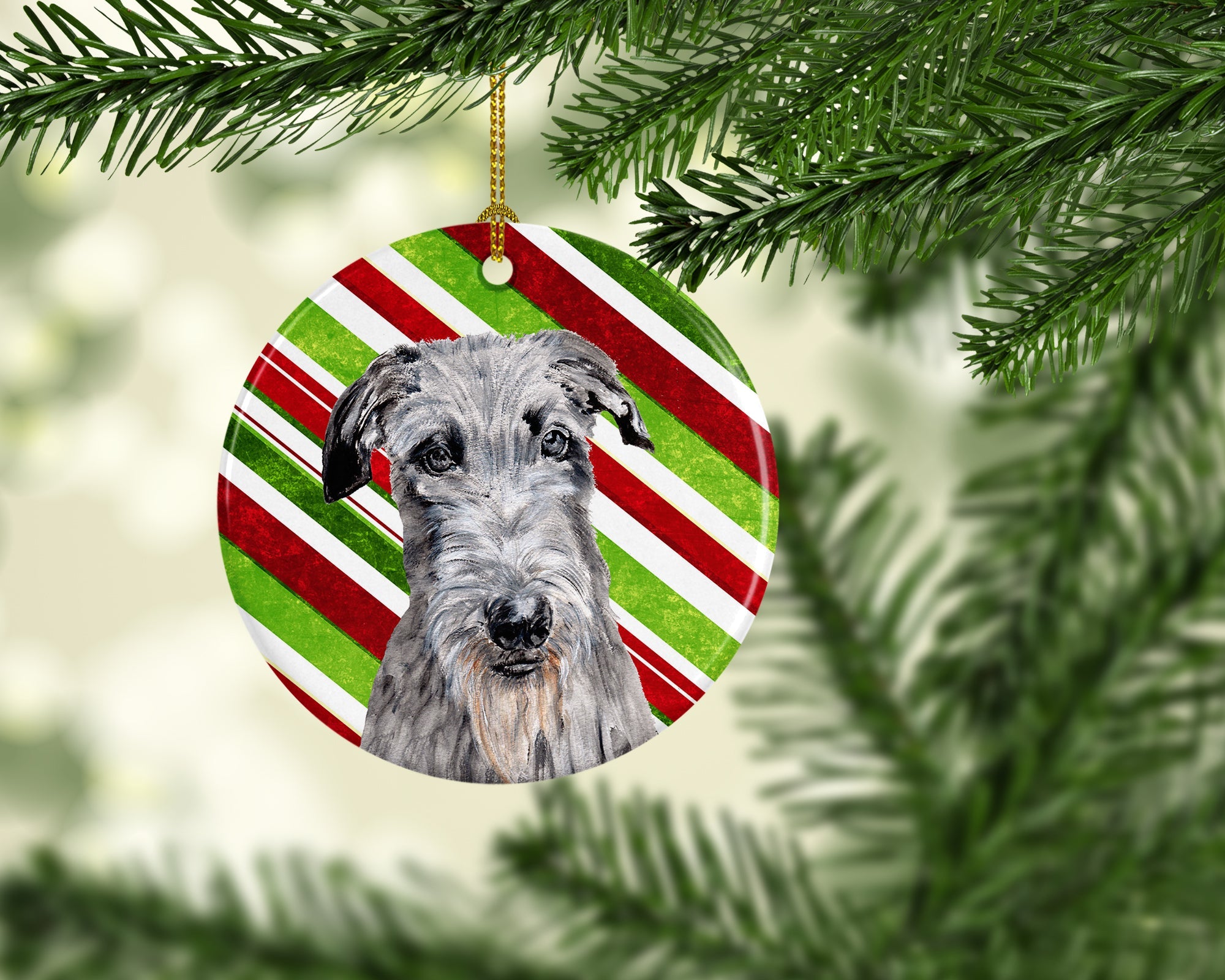 Scottish Deerhound Candy Cane Christmas Ceramic Ornament Christmas Tree Hanging Decorations for Home Christmas Holiday, Party, Gift, 3 in, Multicolor