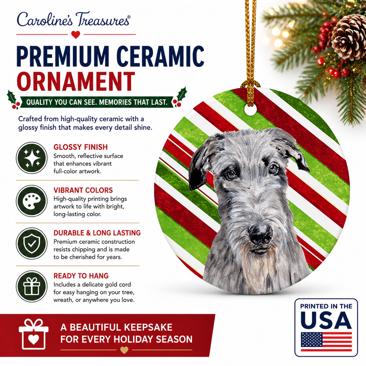 Scottish Deerhound Candy Cane Christmas Ceramic Ornament Christmas Tree Hanging Decorations for Home Christmas Holiday, Party, Gift, 3 in, Multicolor