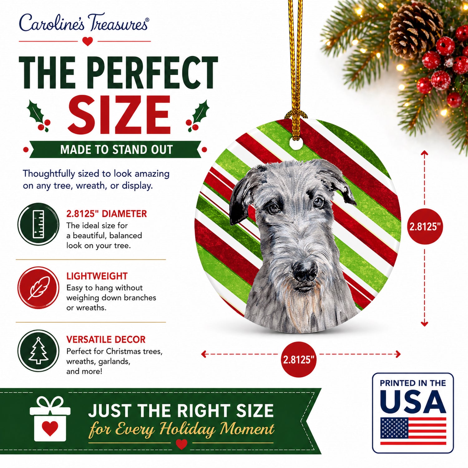 Scottish Deerhound Candy Cane Christmas Ceramic Ornament Christmas Tree Hanging Decorations for Home Christmas Holiday, Party, Gift, 3 in, Multicolor