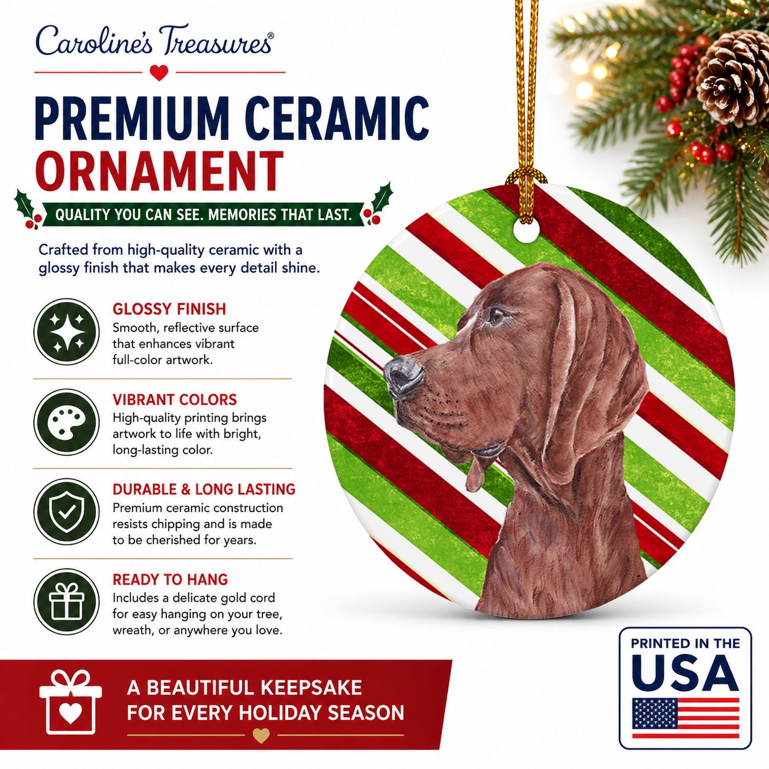 Redbone Coonhound Candy Cane Christmas Ceramic Ornament Christmas Tree Hanging Decorations for Home Christmas Holiday, Party, Gift, 3 in, Multicolor