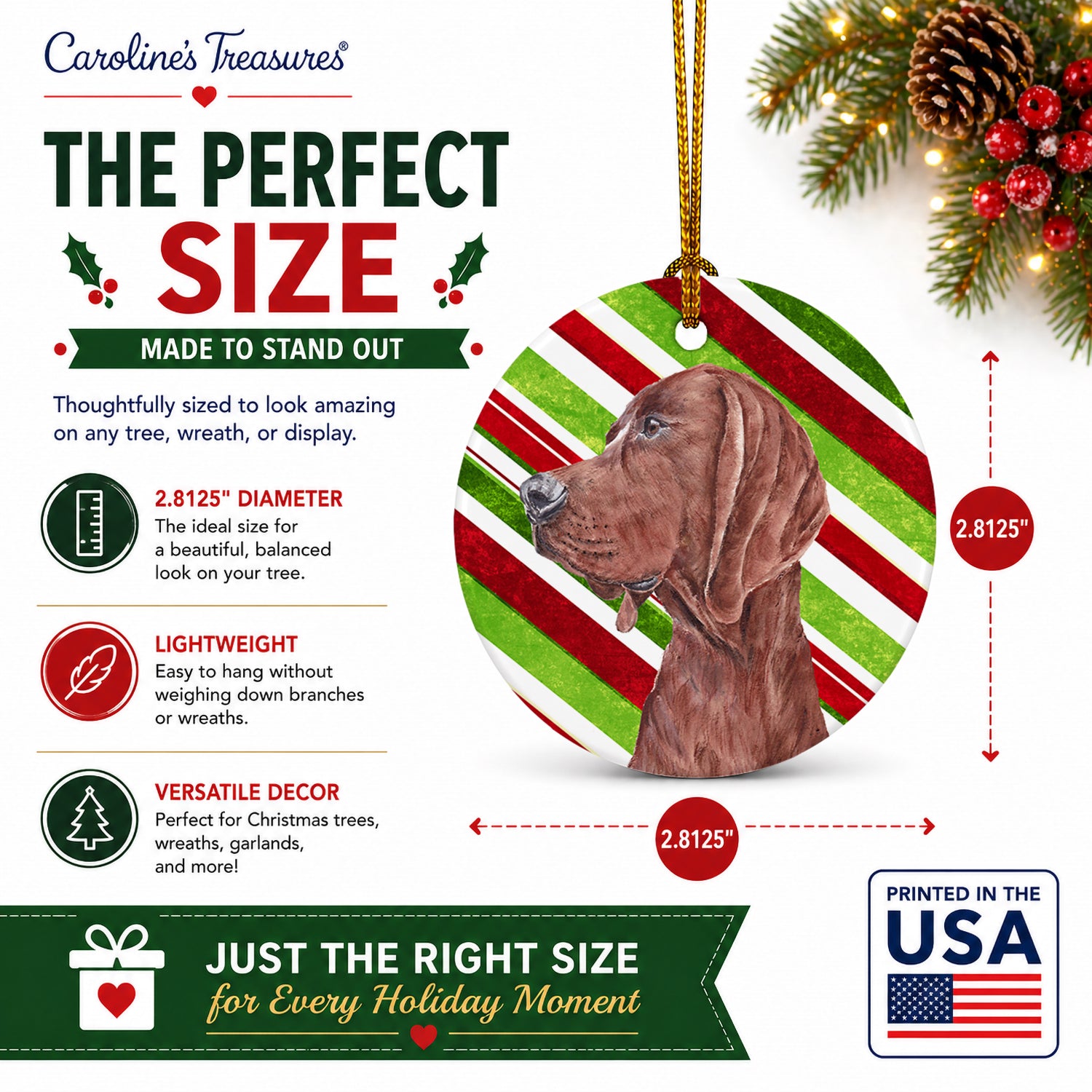 Redbone Coonhound Candy Cane Christmas Ceramic Ornament Christmas Tree Hanging Decorations for Home Christmas Holiday, Party, Gift, 3 in, Multicolor